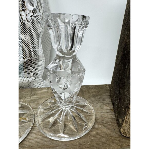 Vintage Crystal Candle Holders Set Of 2 Etched Floral Design Clear Glass Elegant - Picture 2 of 7
